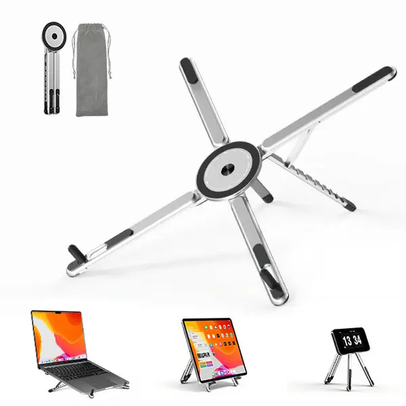 Viozon Premium Portable Laptop Stand with Magnetic Phone Holder - Adjustable Aluminum Riser for 10–16” Laptops & 4–13” Phones/Tablets (Silver)