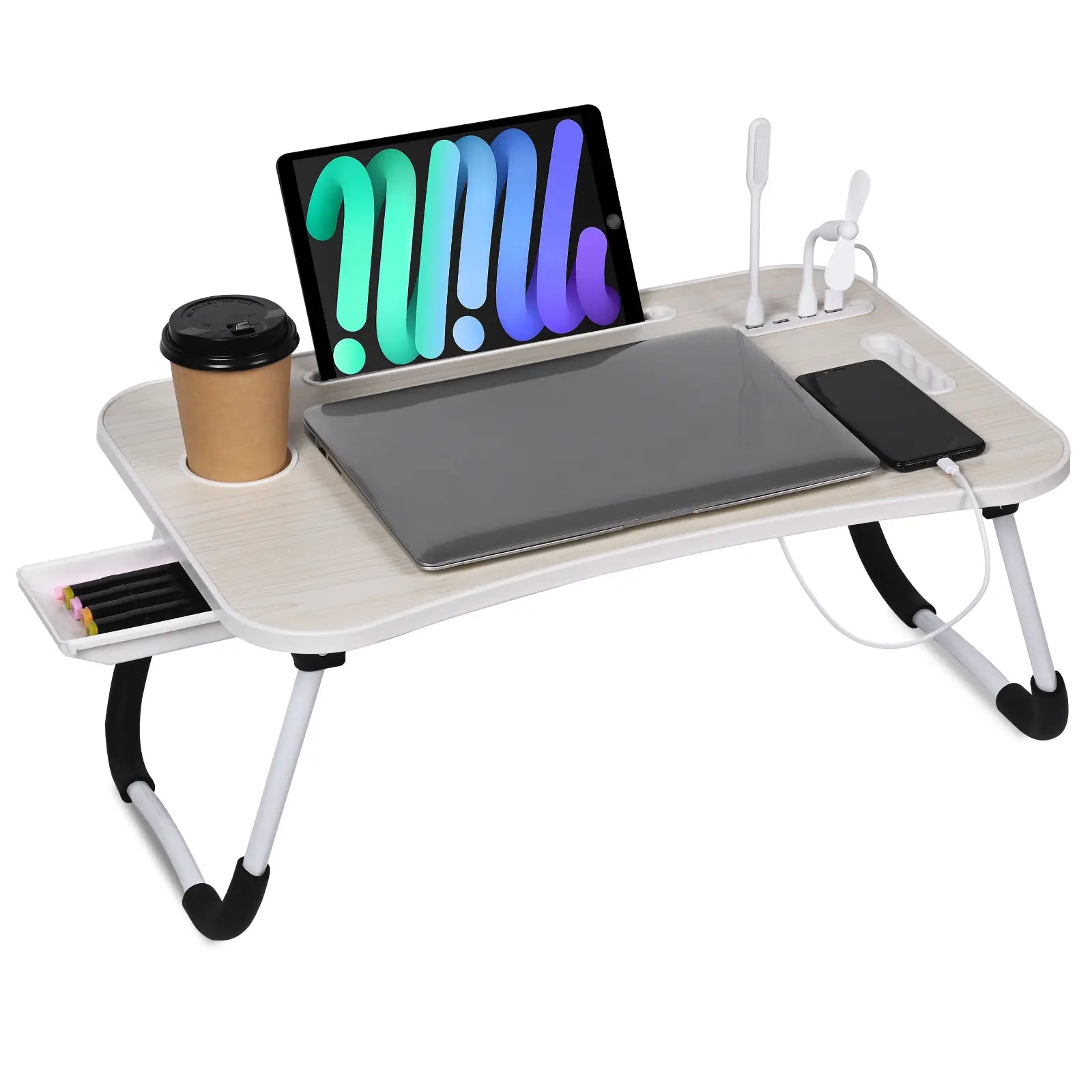 WGCTEK Portable Foldable Laptop Bed Desk with USB Ports, Storage Drawer, and Cup Holder for Comfortable Work and Reading on Bed or Couch - Available in Black, White, Pink, and Walnut