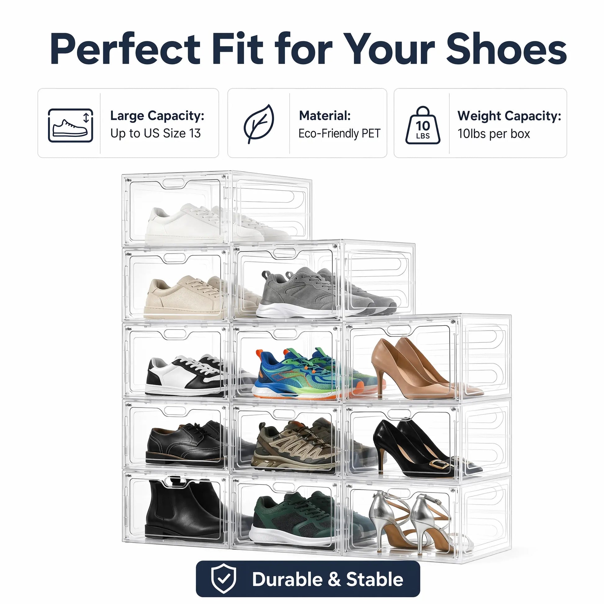 Stackable Clear Plastic Shoe Boxes, Magnetic Door Design - Shoe Rack & Storage Organizer