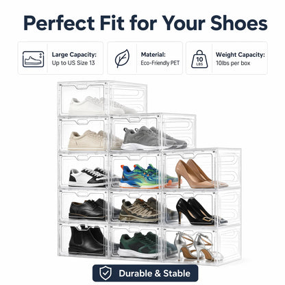 Stackable Clear Plastic Shoe Boxes, Magnetic Door Design - Shoe Rack & Storage Organizer