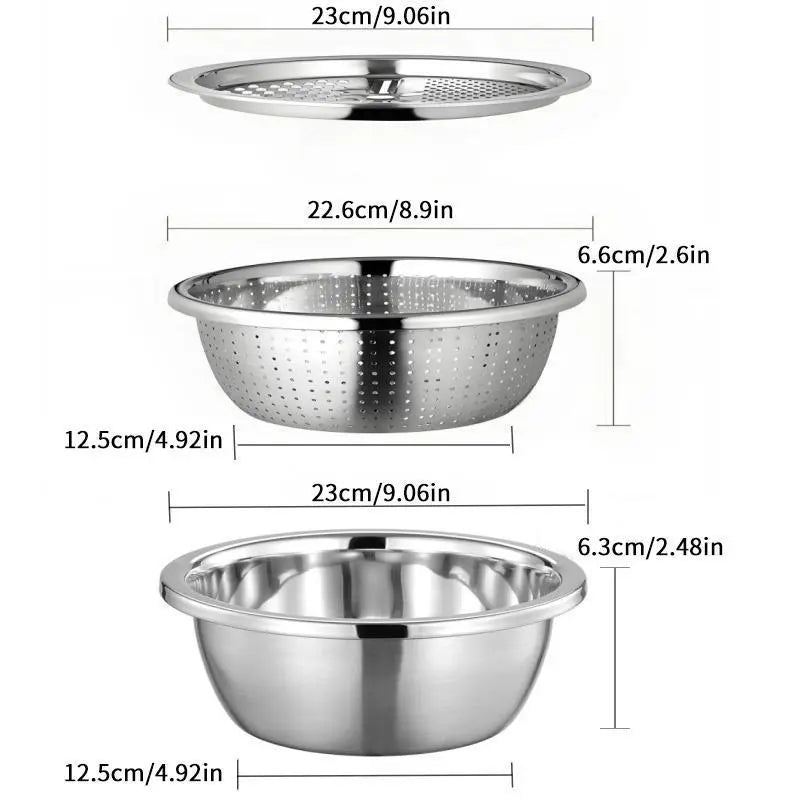 Multifunctional 3-In-1 Stainless Steel Cutting Machine and Strainer Set - Includes Basin, Sieve, and Cutter for Washing Rice, Fruits, and Vegetables - Essential Kitchen Tool