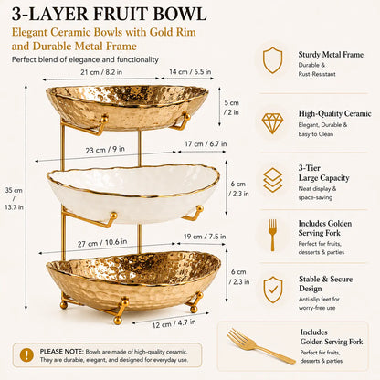 3-Tier Fruit Bowl Set with Metal Stand – Choose from Plastic or Ceramic Bowls, Spacious Countertop Organizer for Fruits, Snacks, and Nuts