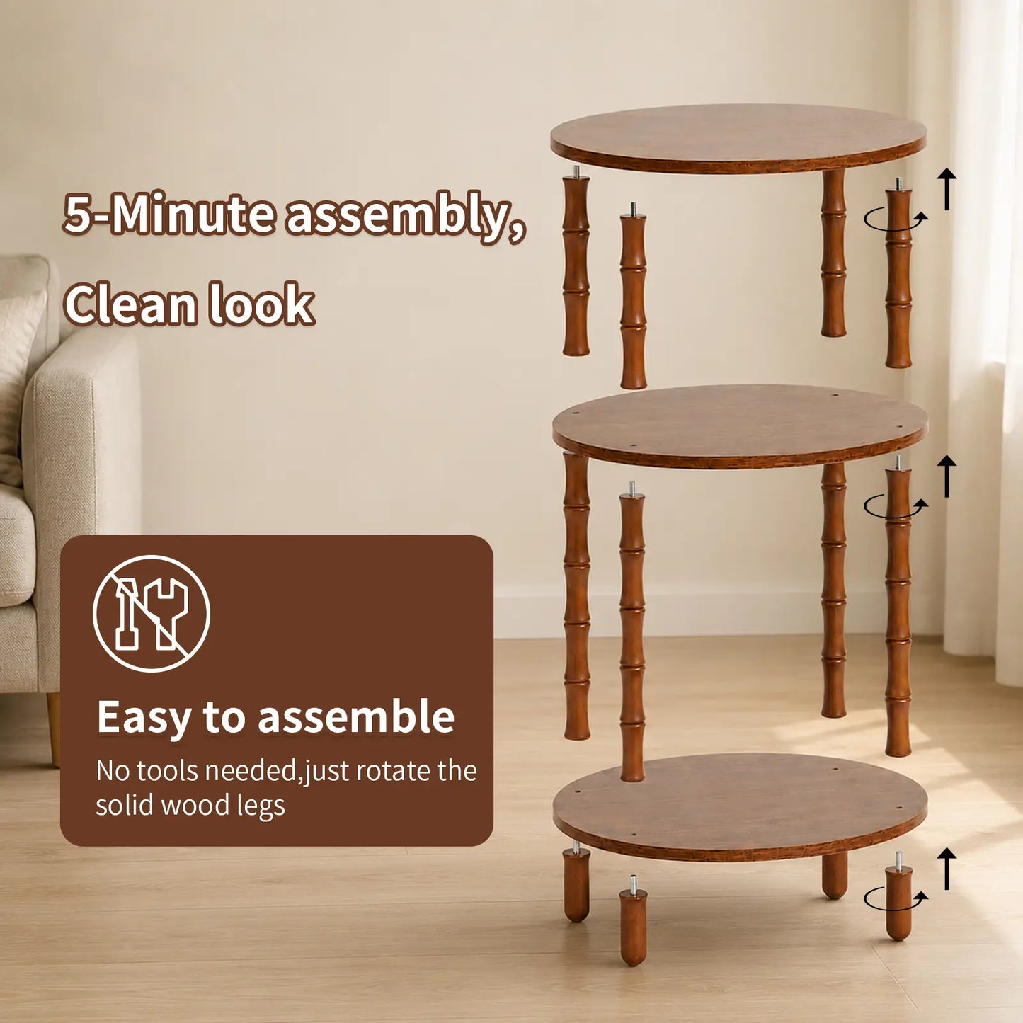 Rustic Brown Round End Table with 3-Tier Storage - Versatile Nightstand for Bedroom, Side Table for Living Room, and Compact Coffee Table for Apartments (15.7" × 11.6" × 24.4")