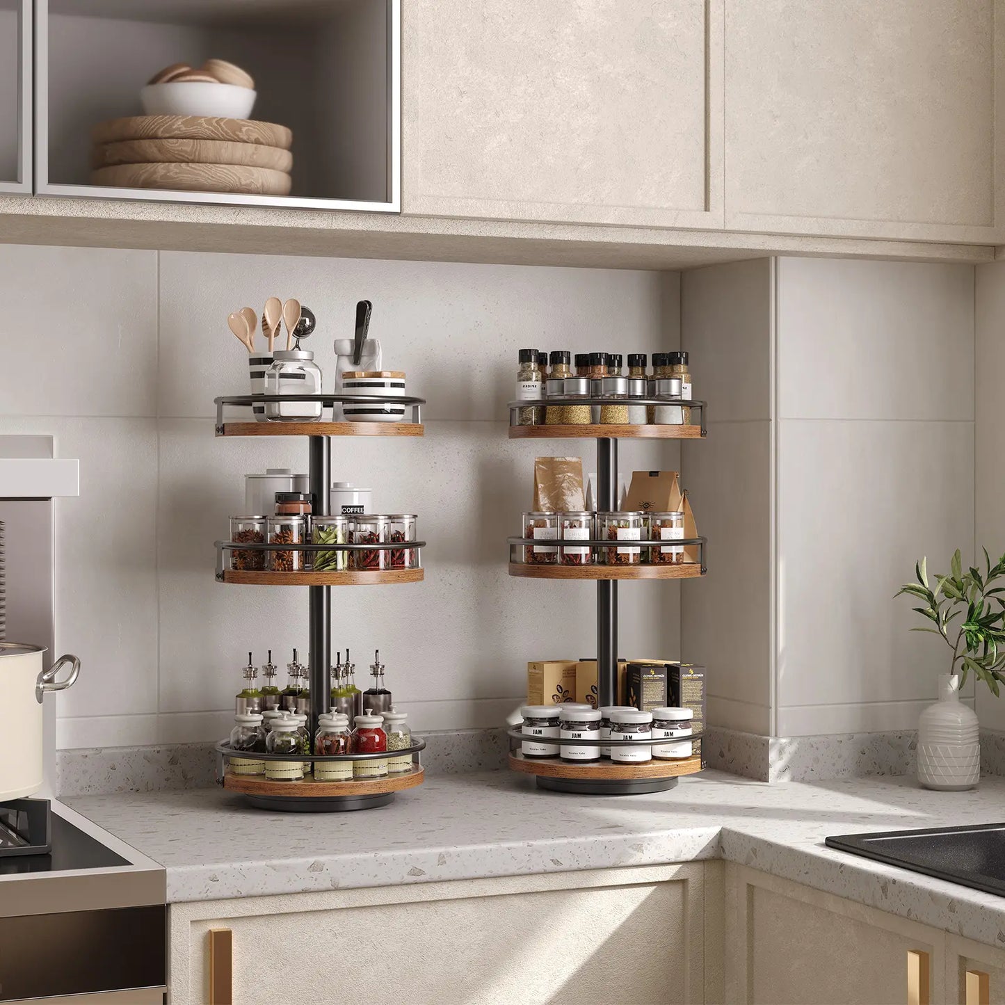 HOOBRO Lazy Susan Organizer, Rotating Spice Rack, 3-Tier Organizer, Turntable Spice Rack, Vertical Storage Organizer, for Kitchen Countertop, Vanity, Dining Table, Rustic Brown and Black #Summervibes
