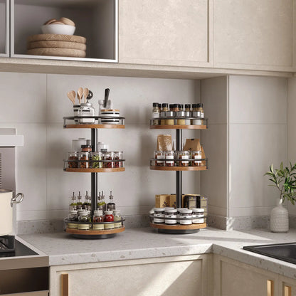 HOOBRO Lazy Susan Organizer, Rotating Spice Rack, 3-Tier Organizer, Turntable Spice Rack, Vertical Storage Organizer, for Kitchen Countertop, Vanity, Dining Table, Rustic Brown and Black #Summervibes
