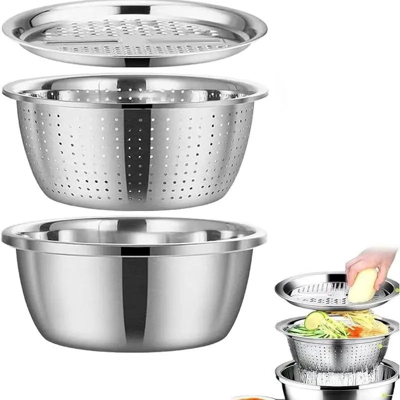 Multifunctional 3-In-1 Stainless Steel Cutting Machine and Strainer Set - Includes Basin, Sieve, and Cutter for Washing Rice, Fruits, and Vegetables - Essential Kitchen Tool