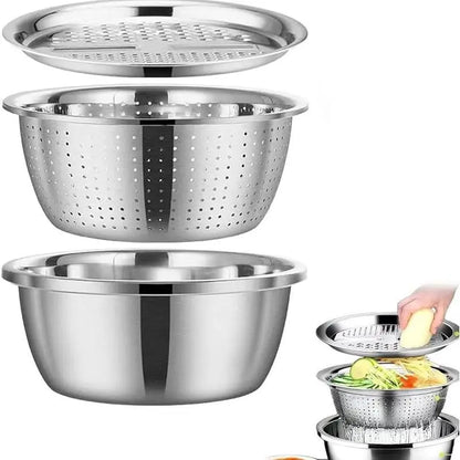 Multifunctional 3-In-1 Stainless Steel Cutting Machine and Strainer Set - Includes Basin, Sieve, and Cutter for Washing Rice, Fruits, and Vegetables - Essential Kitchen Tool