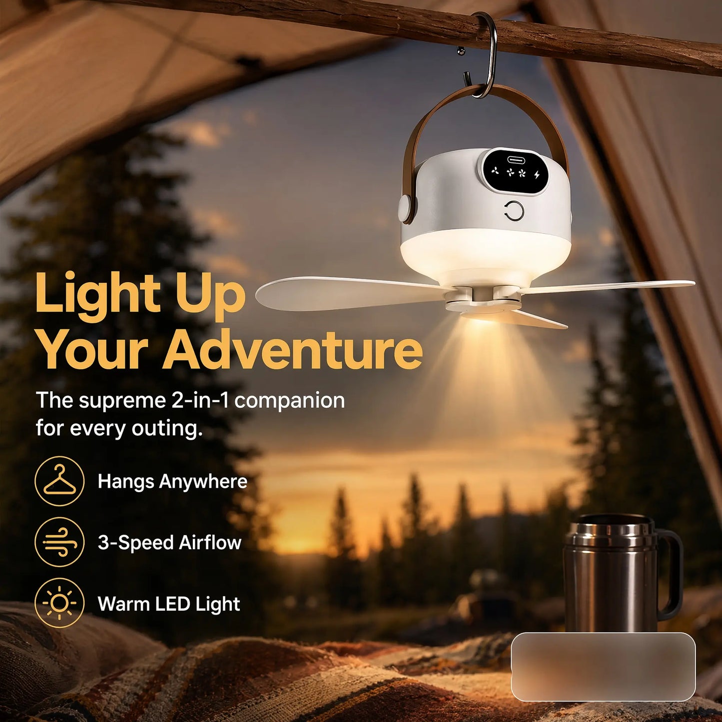 2-In-1 Portable LED Light Hanging Camping Fan | Rechargeable Quiet Tent Fan with Remote Control, Long Runtime, 3 Speeds, Foldable Design, Suitable for Outdoor Camping, Tents, Patio, Dorms, Bedrooms