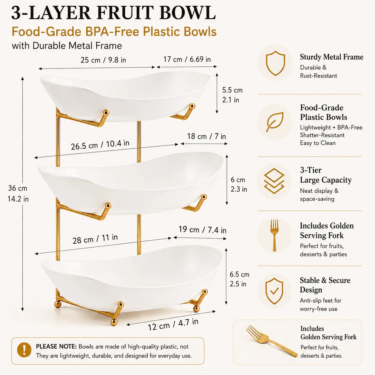 3-Tier Fruit Bowl Set with Metal Stand – Choose from Plastic or Ceramic Bowls, Spacious Countertop Organizer for Fruits, Snacks, and Nuts