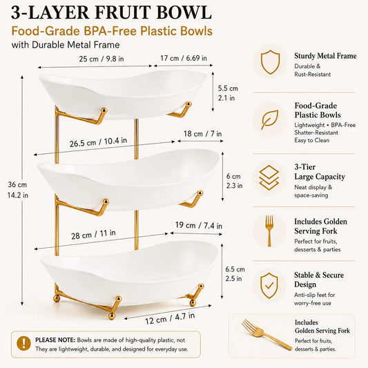3-Tier Fruit Bowl Set with Metal Stand – Choose from Plastic or Ceramic Bowls, Spacious Countertop Organizer for Fruits, Snacks, and Nuts