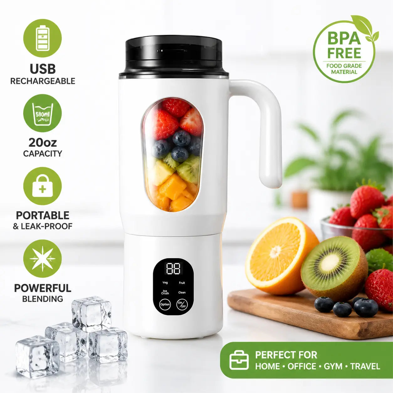 Portable USB Rechargeable Juicer with LED Display - Handheld High-Speed Blender for Smoothies and Juices, Self-Cleaning, BPA-Free, Ice Crushing Function, Multiple Gears, Safety Protection, and Versatile Uses