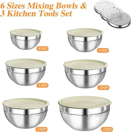 6-Piece Stainless Steel Mixing Bowl Set with Lids and Grinder Attachments - Airtight Food Storage and Organizer for Culinary Use