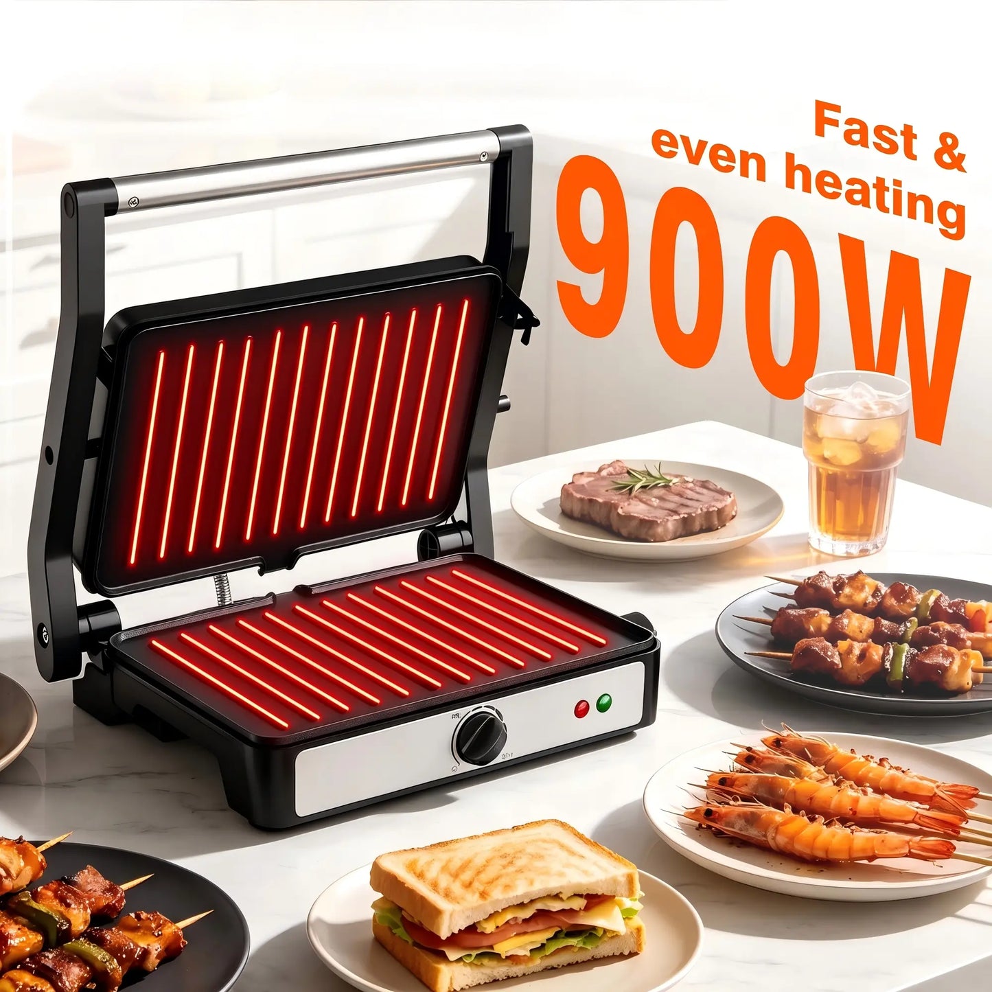 KEINVE Compact Electric Panini Press Grill and Sandwich Maker, 900W Fast Heating with Adjustable Temperature Control, 180° Flat Open Non-Stick Double-Sided Griddle, Dual Heating Plates for Steak and Burgers, 9.2 x 5.8 Inches