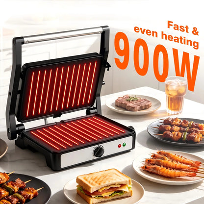 KEINVE Compact Electric Panini Press Grill and Sandwich Maker, 900W Fast Heating with Adjustable Temperature Control, 180° Flat Open Non-Stick Double-Sided Griddle, Dual Heating Plates for Steak and Burgers, 9.2 x 5.8 Inches