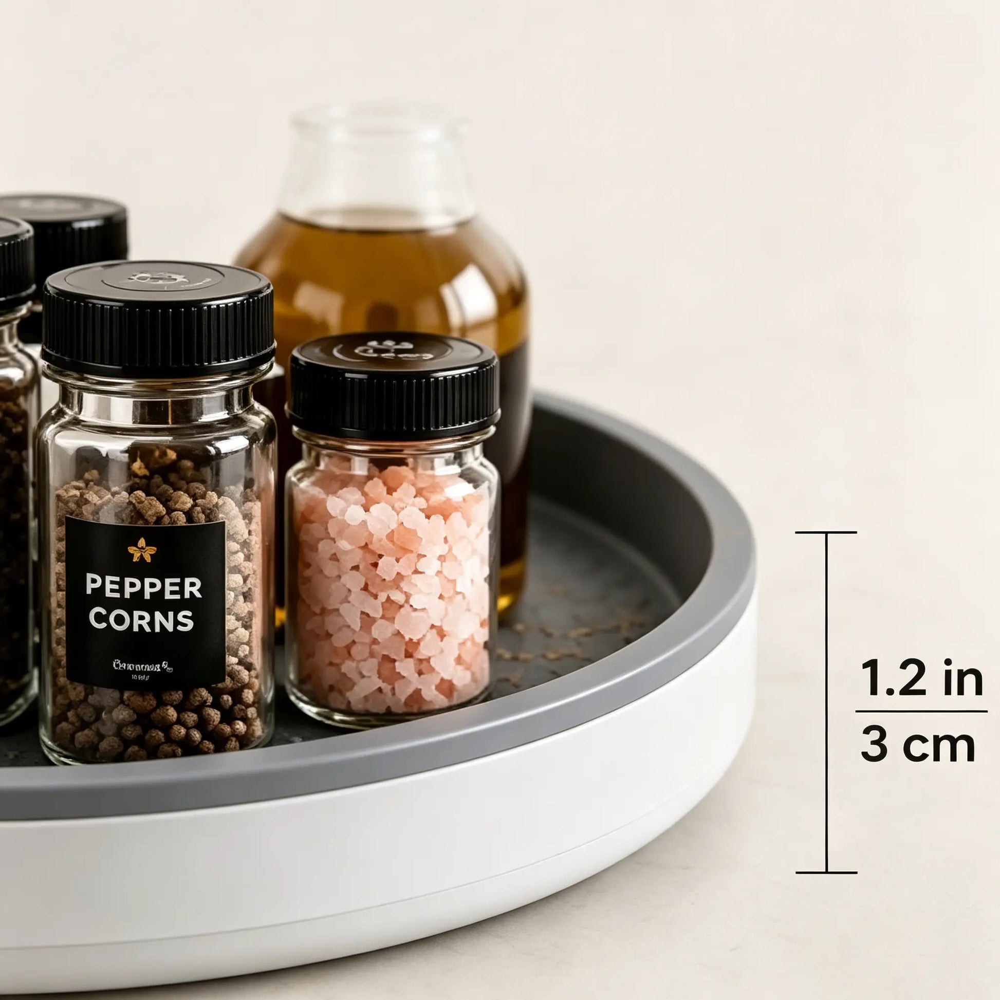 360° Rotating Organizer Tray, Non-Slip Lazy Susan Turntable for Kitchen Countertop, Pantry Cabinet and Bathroom Storage, round Rotating Tray in Black & Gray