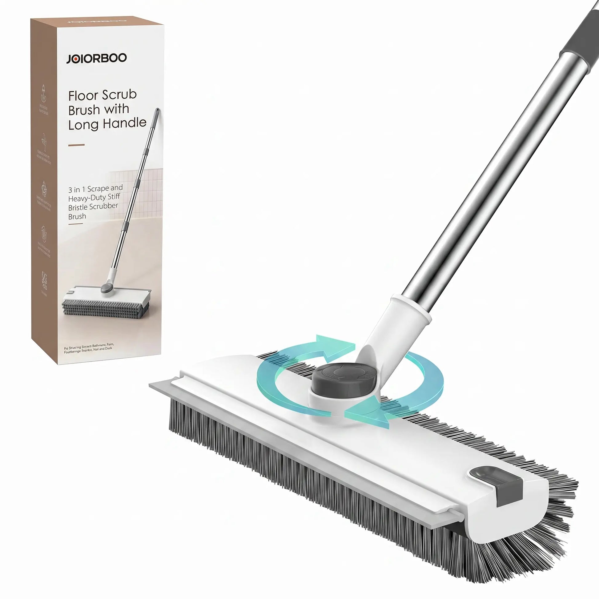 JOIORBOO 3-in-1 Floor Scrub Brush with Long Handle - Double-Sided Bristles and Squeegee for Bathroom and Kitchen Cleaning