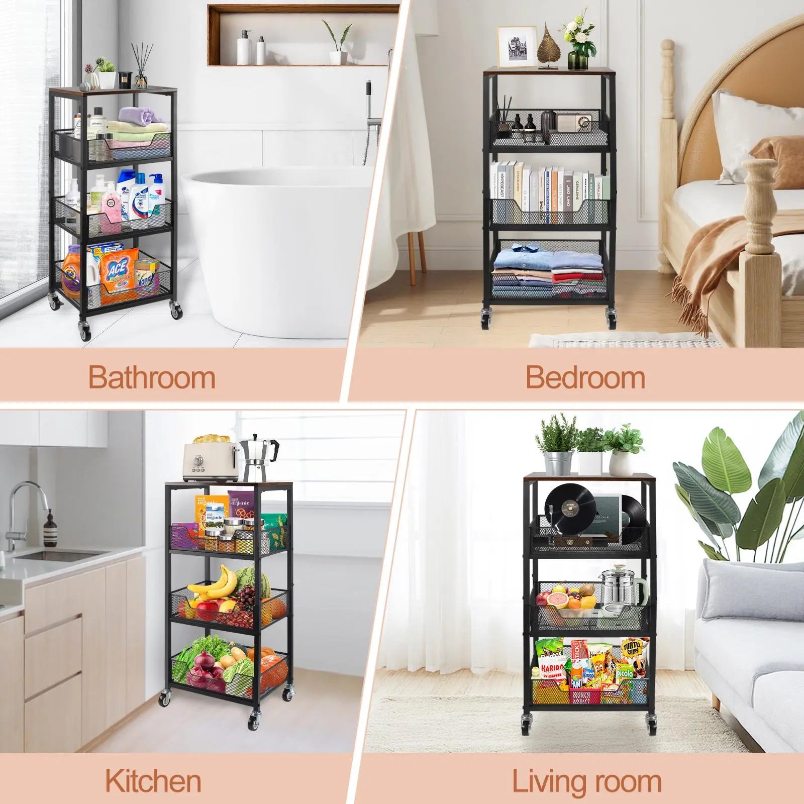 3-Tier Rolling Utility Cart with Wood Top, Metal Mesh Basket Mobile Shelving Unit, Movable Storage Organizer for Kitchen, Pantry, Bathroom, Laundry Room