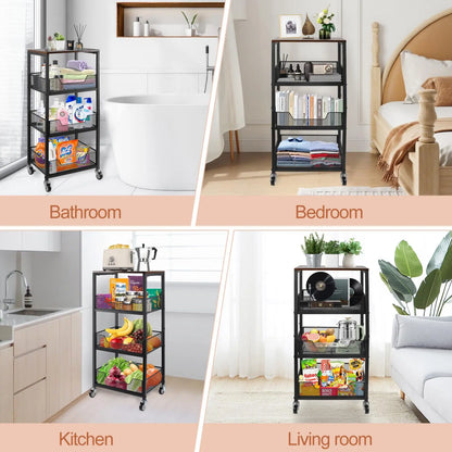 3-Tier Rolling Utility Cart with Wood Top, Metal Mesh Basket Mobile Shelving Unit, Movable Storage Organizer for Kitchen, Pantry, Bathroom, Laundry Room