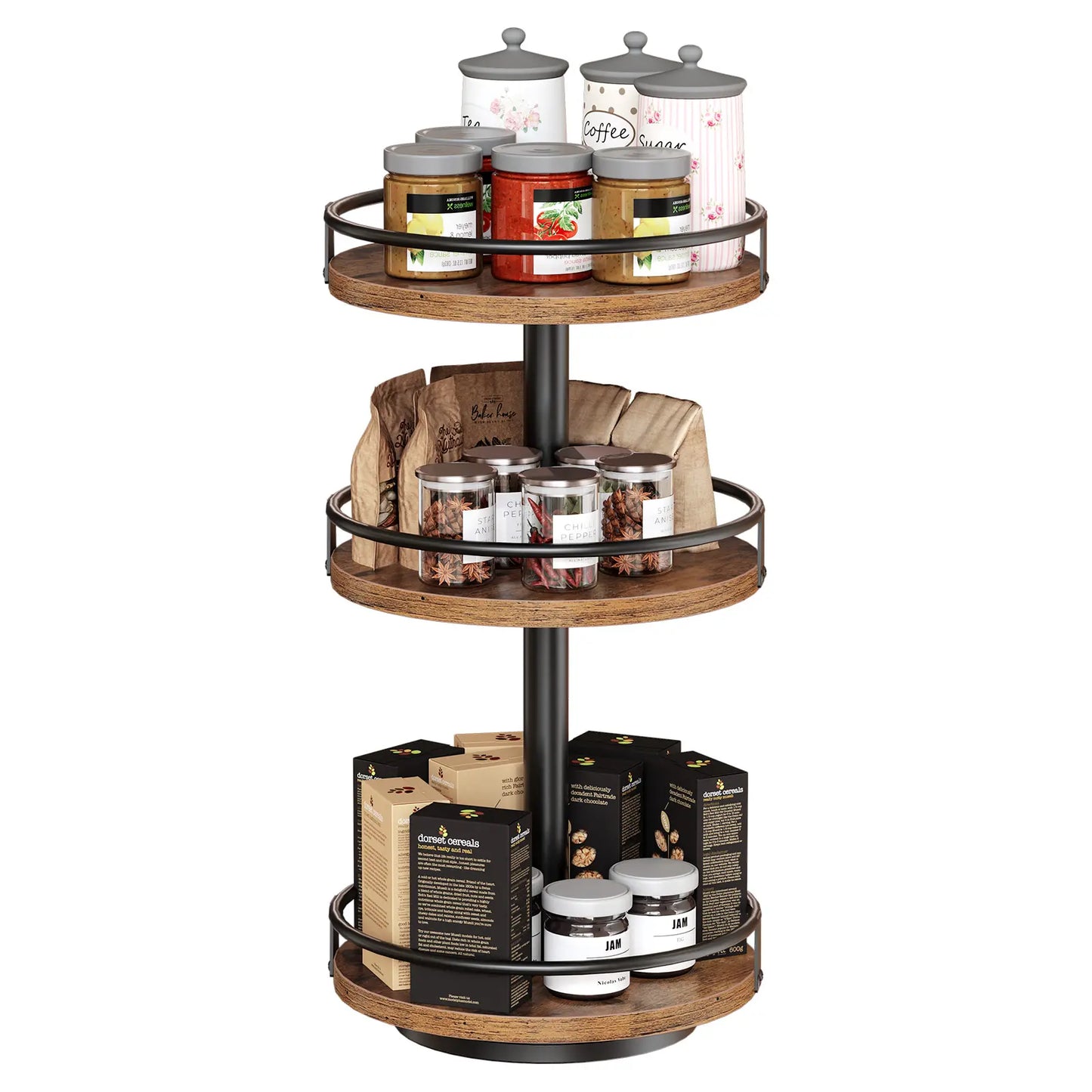 HOOBRO Lazy Susan Organizer, Rotating Spice Rack, 3-Tier Organizer, Turntable Spice Rack, Vertical Storage Organizer, for Kitchen Countertop, Vanity, Dining Table, Rustic Brown and Black #Summervibes