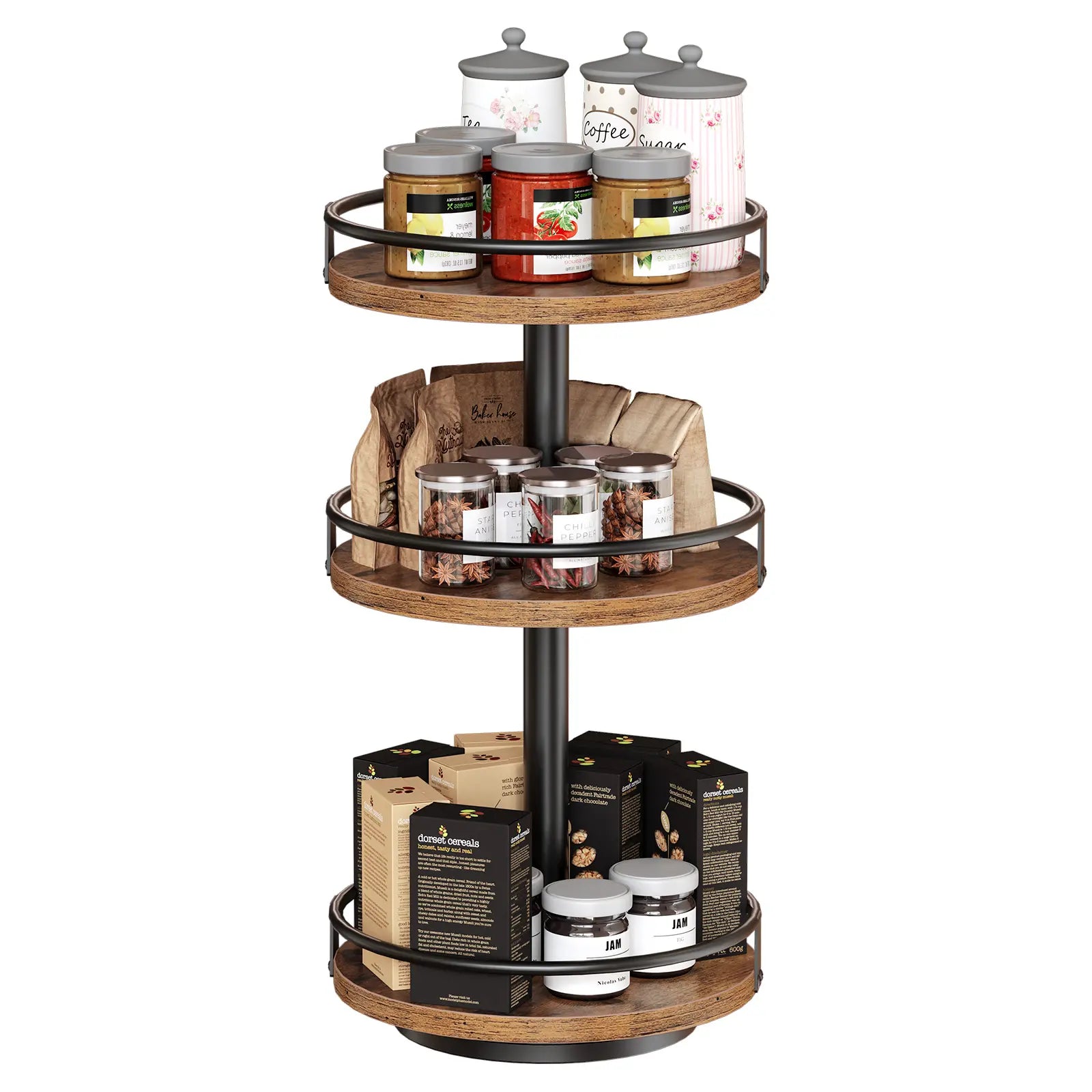 HOOBRO Lazy Susan Organizer, Rotating Spice Rack, 3-Tier Organizer, Turntable Spice Rack, Vertical Storage Organizer, for Kitchen Countertop, Vanity, Dining Table, Rustic Brown and Black #Summervibes