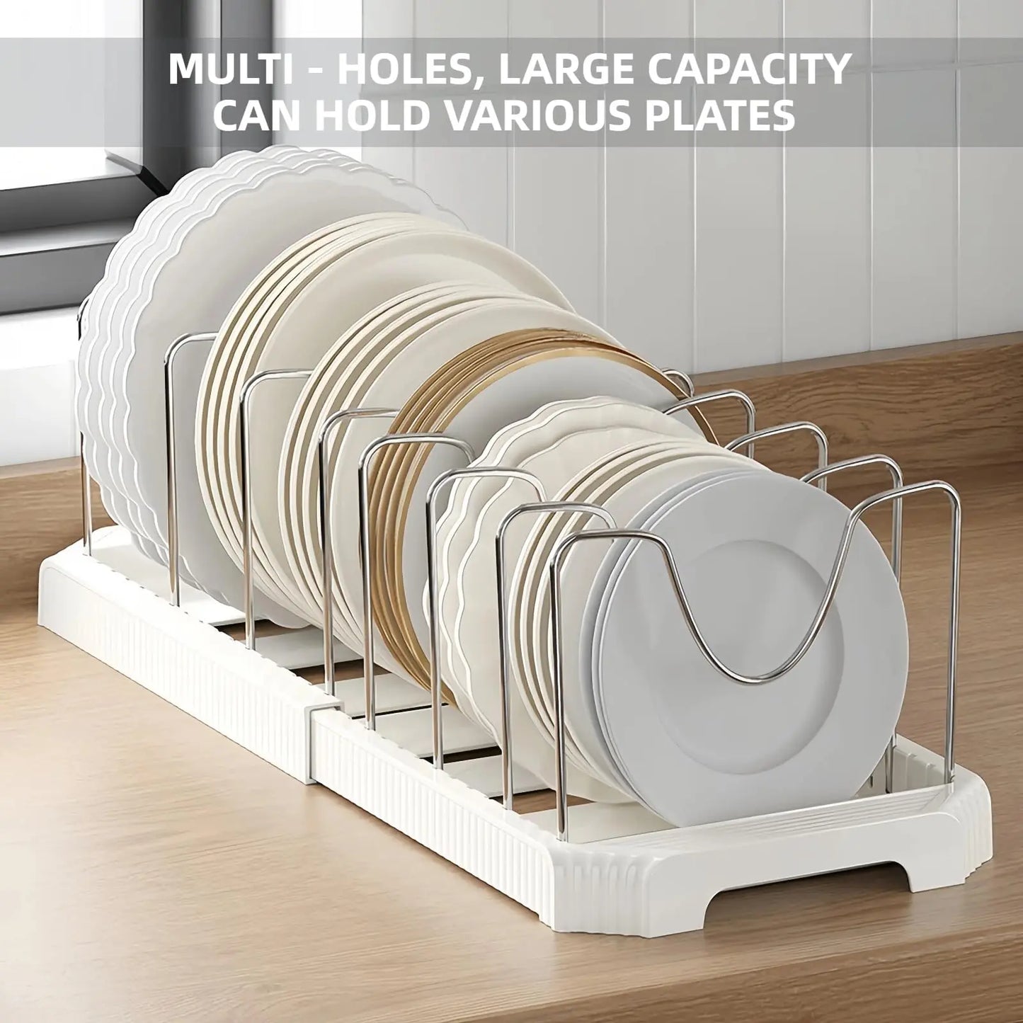 Adjustable Expandable Pot and Pan Organizer Rack with 8 Dividers for Kitchen Cabinets and Under-Sink Storage, Ideal for Small Spaces and Busy Cooks, White