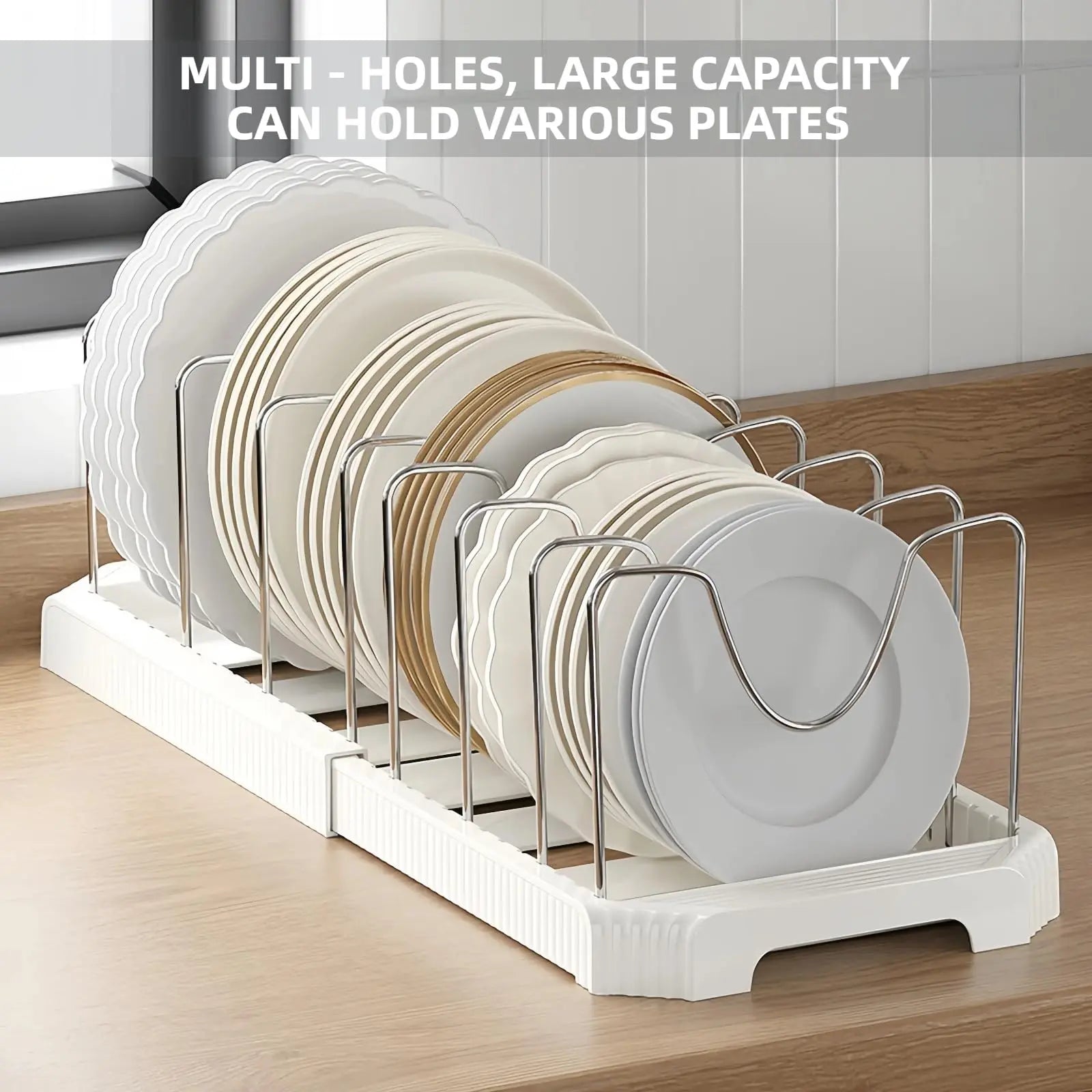 Adjustable Expandable Pot and Pan Organizer Rack with 8 Dividers for Kitchen Cabinets and Under-Sink Storage, Ideal for Small Spaces and Busy Cooks, White