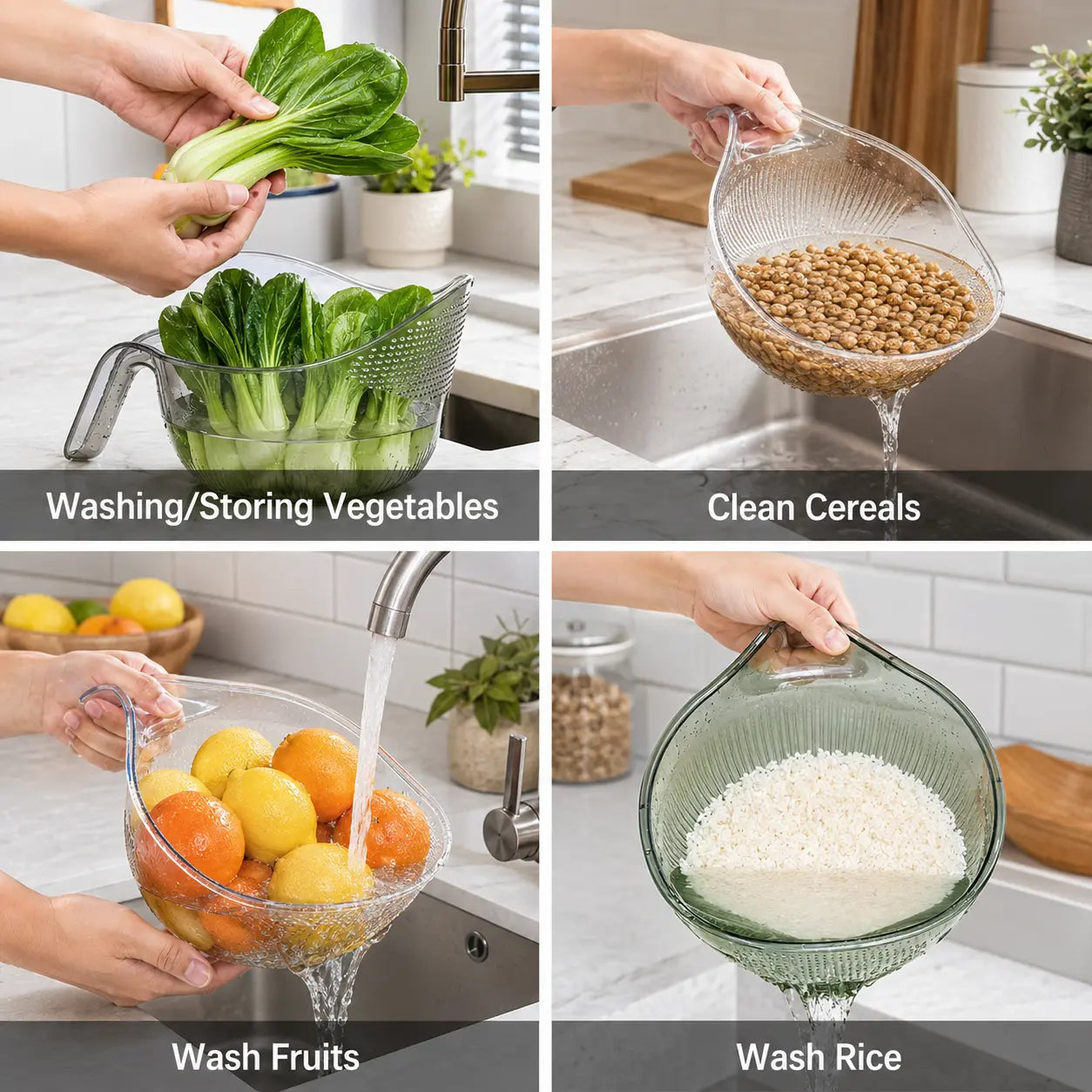 Multifunctional Aesthetic Rice Strainer with Handle - Durable BPA-Free Transparent Plastic Colander for Draining Vegetables, Fruits, Cheese, and Coffee Dispenser Set