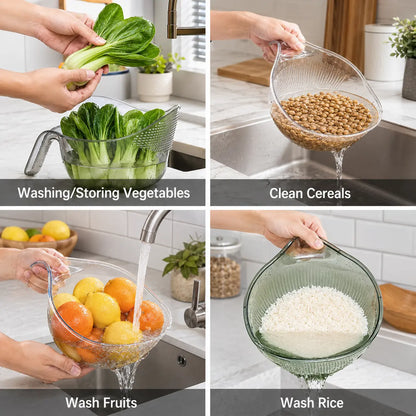 Multifunctional Aesthetic Rice Strainer with Handle - Durable BPA-Free Transparent Plastic Colander for Draining Vegetables, Fruits, Cheese, and Coffee Dispenser Set