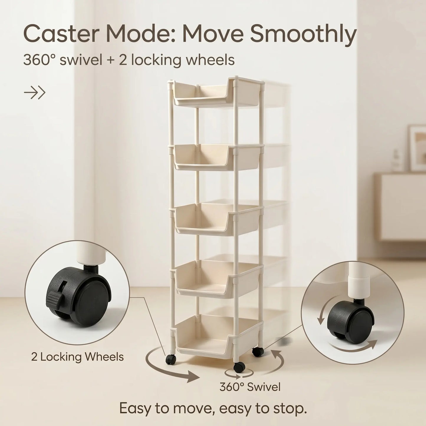Smooth Lightweight Minimalist Rolling Utility Cart with Wheels - Multi-Layer Adjustable Plastic Organizer for Bedroom and Kitchen, Portable Easy-Install Unit, Retro Wooden Desktop Rack (2026 Semiannual Sale)