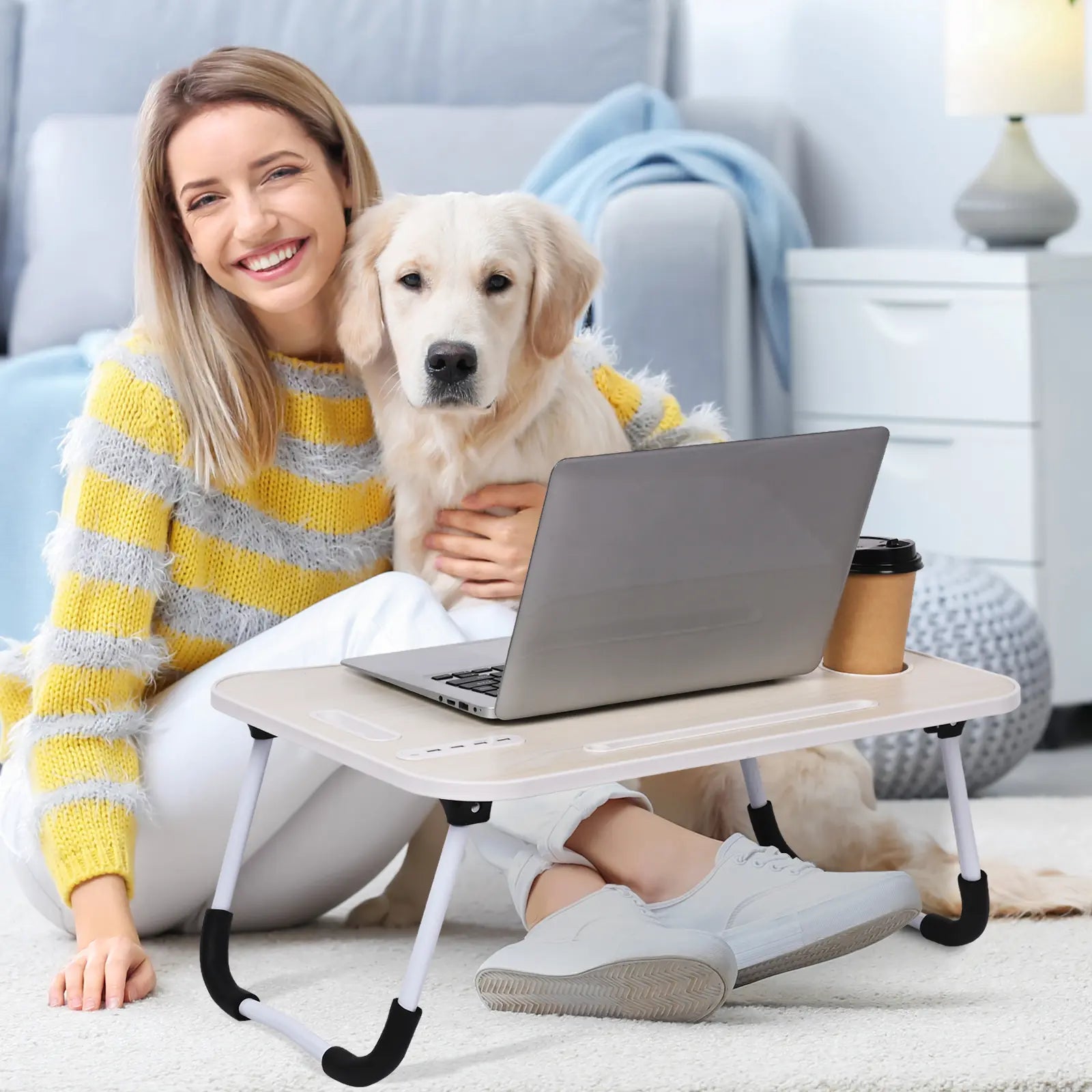 WGCTEK Portable Foldable Laptop Bed Desk with USB Ports, Storage Drawer, and Cup Holder for Comfortable Work and Reading on Bed or Couch - Available in Black, White, Pink, and Walnut