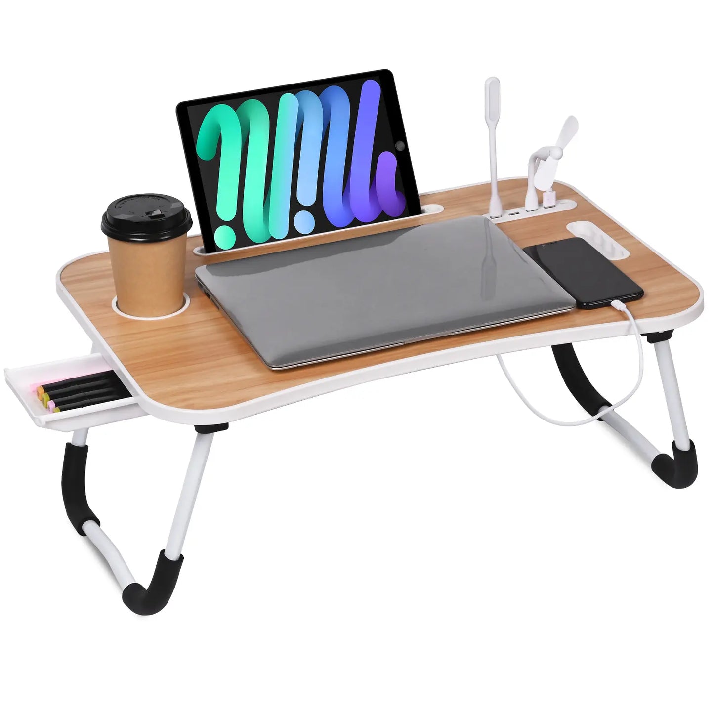 WGCTEK Portable Foldable Laptop Bed Desk with USB Ports, Storage Drawer, and Cup Holder for Comfortable Work and Reading on Bed or Couch - Available in Black, White, Pink, and Walnut