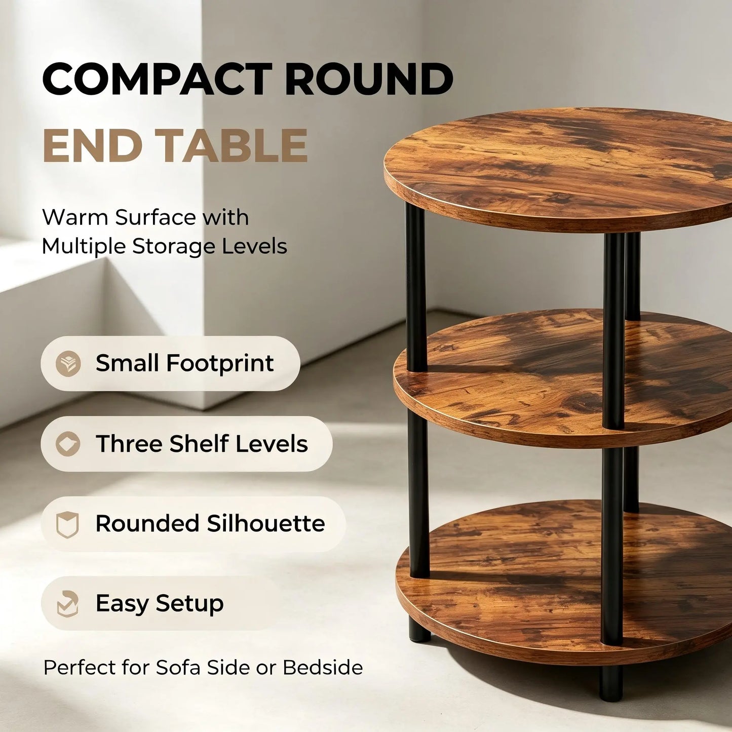 Three-Tier Round Shelving Table - Versatile Decorative Table Available in Narrow-Edge Styles or as a Nightstand; Industrial Design Ideal for Compact Spaces