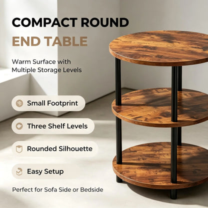 Three-Tier Round Shelving Table - Versatile Decorative Table Available in Narrow-Edge Styles or as a Nightstand; Industrial Design Ideal for Compact Spaces