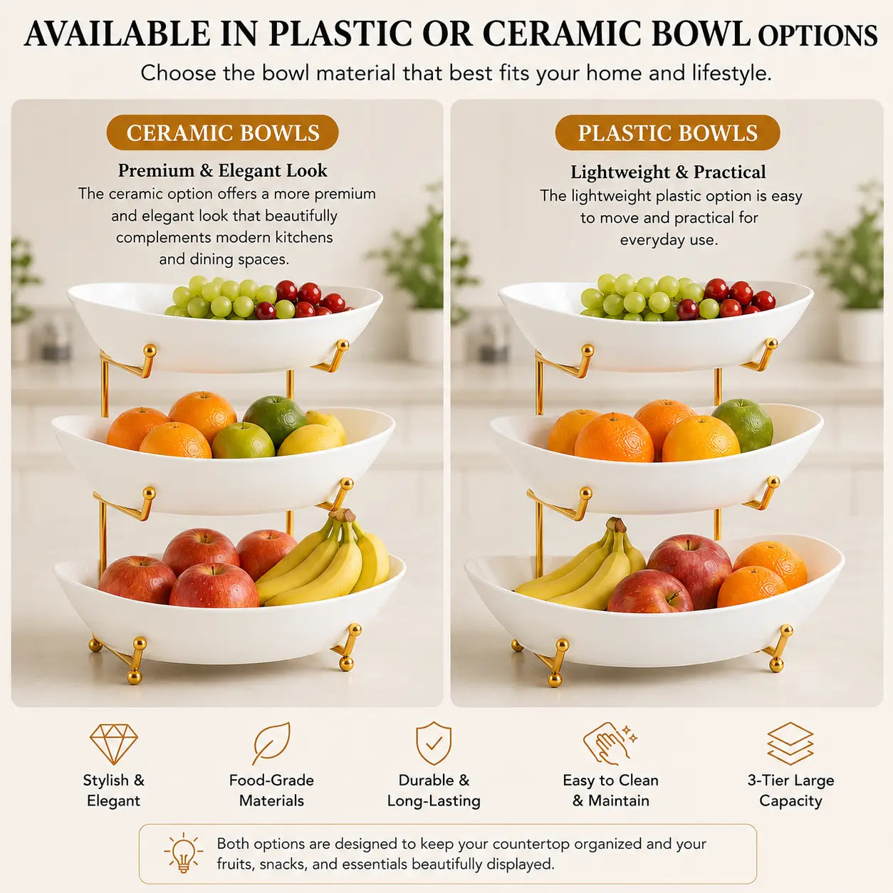 3-Tier Fruit Bowl Set with Metal Stand – Choose from Plastic or Ceramic Bowls, Spacious Countertop Organizer for Fruits, Snacks, and Nuts