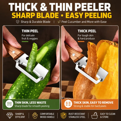 2-Piece Multifunctional Kitchen Peeler Set with Wood Handles – Includes Peeling, Slicing, Scraping, and Bottle Opening Tools