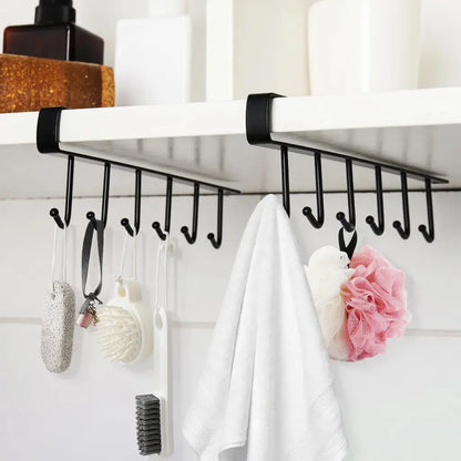 VIREFIRA Black 2-Piece Hangable under Shelf Mug Hanger Rack Set - 6-Hook Snap-In Adjustable under Cabinet Storage Organizer, Space-Saving Cup Holder for Kitchen Pantry