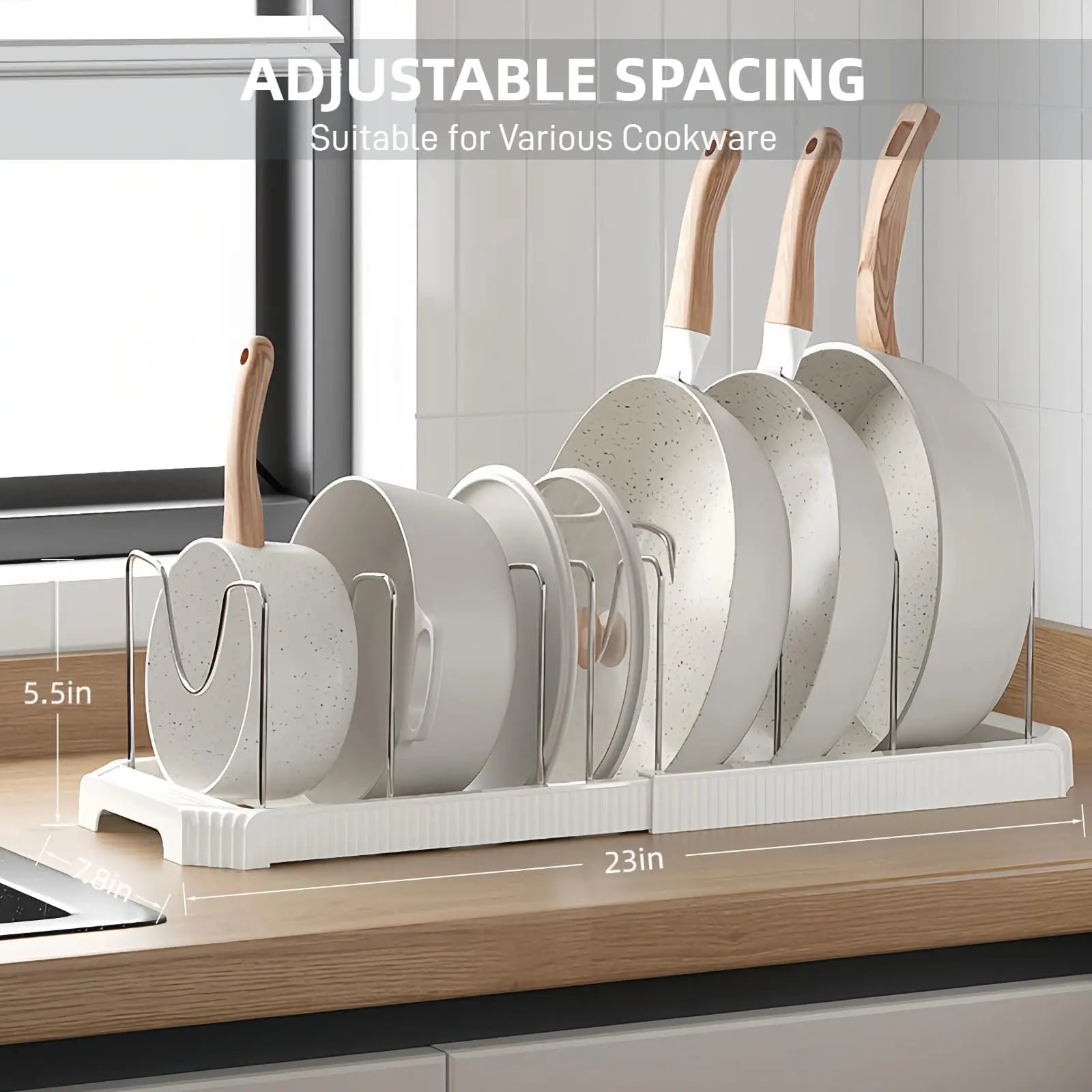 Adjustable Expandable Pot and Pan Organizer Rack with 8 Dividers for Kitchen Cabinets and Under-Sink Storage, Ideal for Small Spaces and Busy Cooks, White