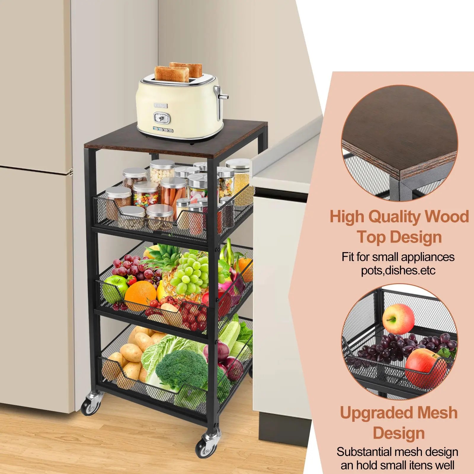 3-Tier Rolling Utility Cart with Wood Top, Metal Mesh Basket Mobile Shelving Unit, Movable Storage Organizer for Kitchen, Pantry, Bathroom, Laundry Room