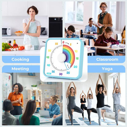 60-Minute Large Visual Timer for Kids and Adults, Rainbow Countdown Timer with Non-Ticking Mechanism, 7.5-Inch Classroom Desk Clock with Magnetic Backing, Ideal for Pomodoro Technique