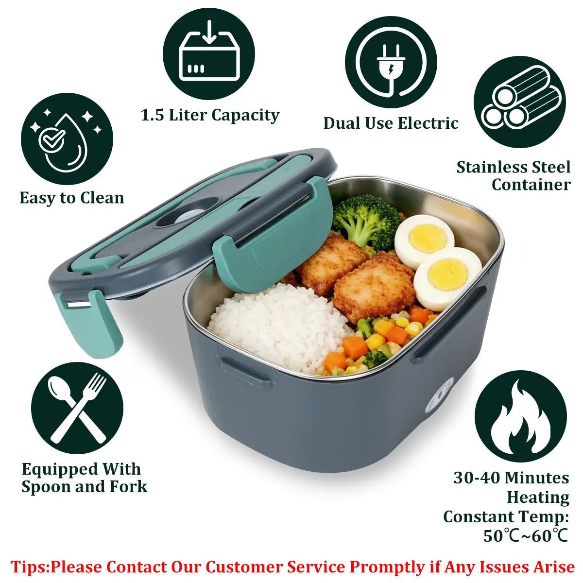 Stainless Steel Thermal Insulated Lunch Box - 50.72 Oz, Electric Food Warmer for Home and Car (110V/12V/24V), Includes Fork and Insulated Bag, Ideal for Truck Drivers and Office Use, Fast Heating