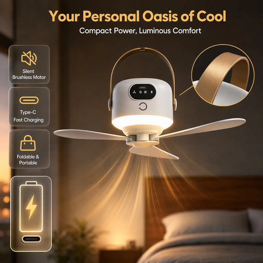 2-In-1 Portable LED Light Hanging Camping Fan | Rechargeable Quiet Tent Fan with Remote Control, Long Runtime, 3 Speeds, Foldable Design, Suitable for Outdoor Camping, Tents, Patio, Dorms, Bedrooms