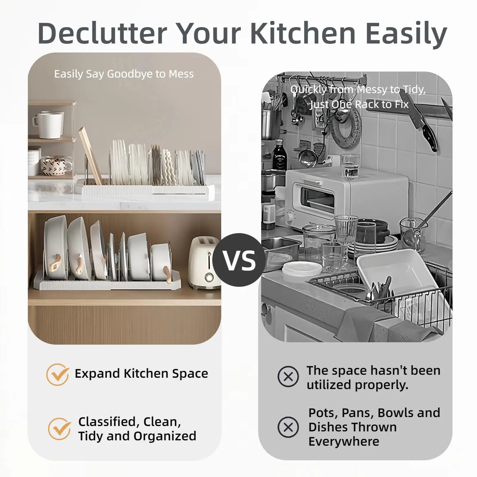 Adjustable Expandable Pot and Pan Organizer Rack with 8 Dividers for Kitchen Cabinets and Under-Sink Storage, Ideal for Small Spaces and Busy Cooks, White