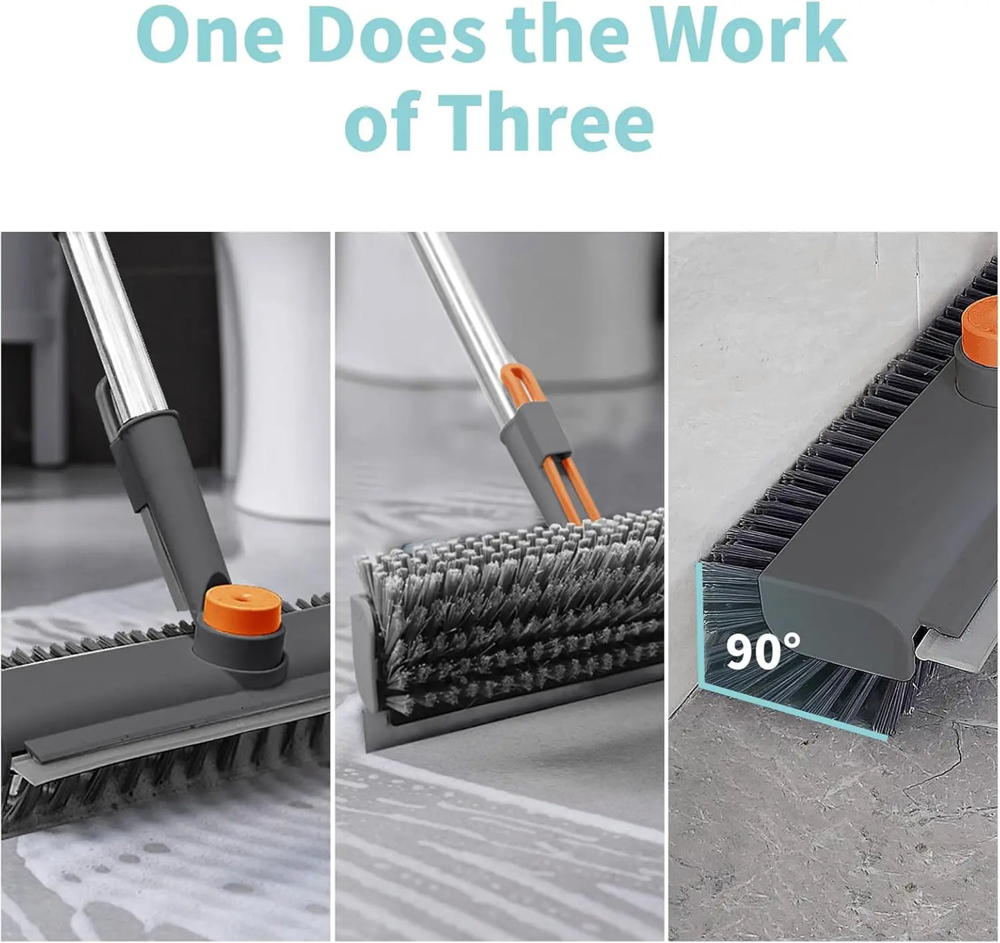 AIR U 3-In-1 Floor Scrub Bathtub Brush with Long Handle, Double-Sided, Heavy-Duty Stiff Bristles & Squeegee – Scrape & Scrub for Shower, Bathroom, Patio, Garage, Kitchen, Wall & Deck – Home Cleaning Essentials