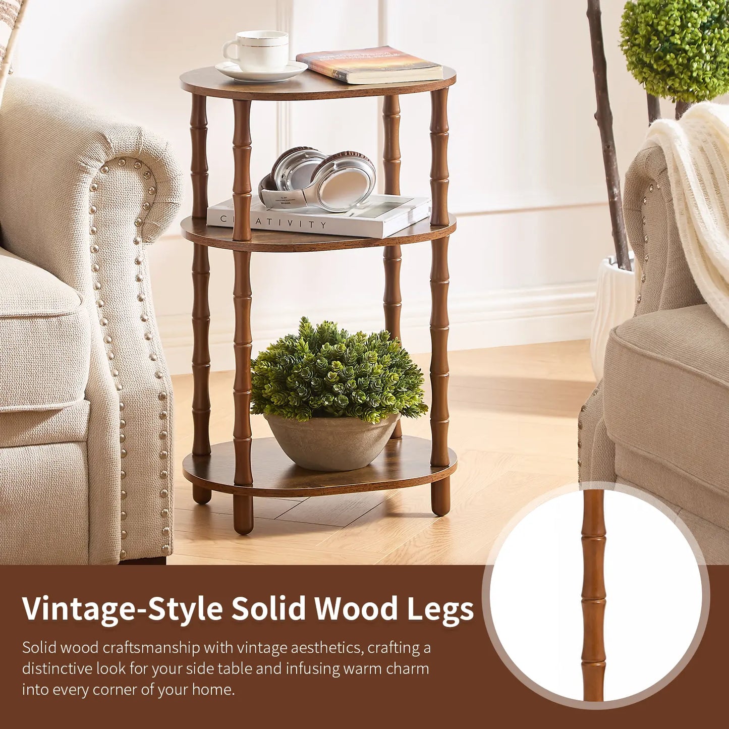 Rustic Brown Round End Table with 3-Tier Storage - Versatile Nightstand for Bedroom, Side Table for Living Room, and Compact Coffee Table for Apartments (15.7" × 11.6" × 24.4")