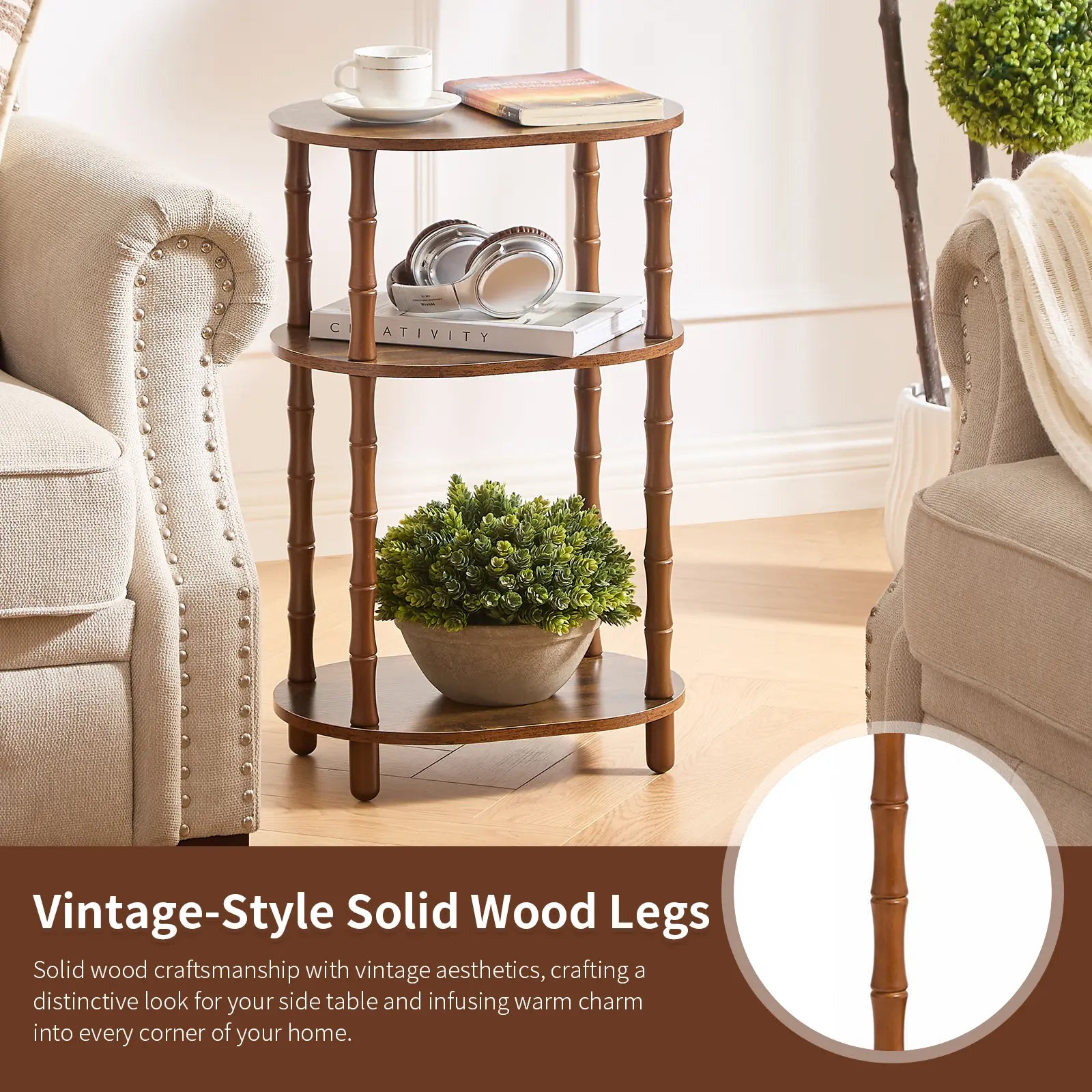 Rustic Brown Round End Table with 3-Tier Storage - Versatile Nightstand for Bedroom, Side Table for Living Room, and Compact Coffee Table for Apartments (15.7" × 11.6" × 24.4")