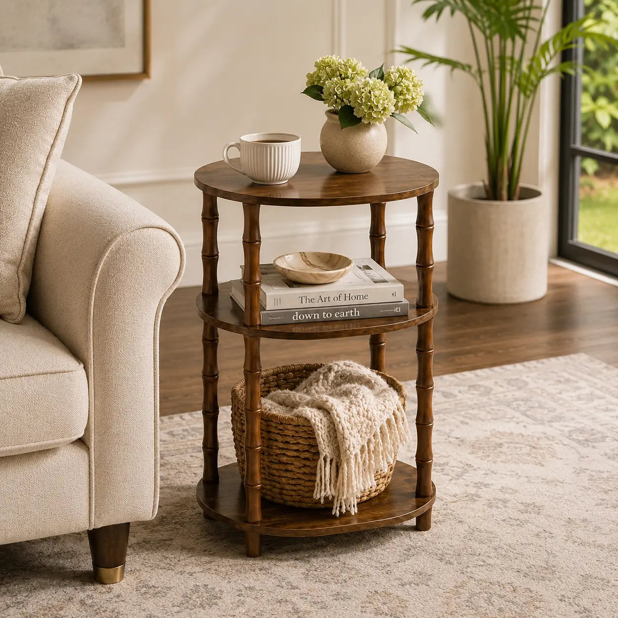 Rustic Brown Round End Table with 3-Tier Storage - Versatile Nightstand for Bedroom, Side Table for Living Room, and Compact Coffee Table for Apartments (15.7" × 11.6" × 24.4")