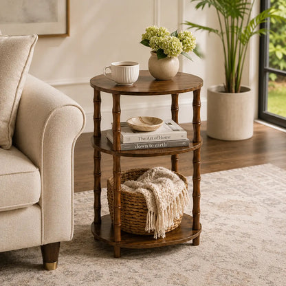 Rustic Brown Round End Table with 3-Tier Storage - Versatile Nightstand for Bedroom, Side Table for Living Room, and Compact Coffee Table for Apartments (15.7" × 11.6" × 24.4")