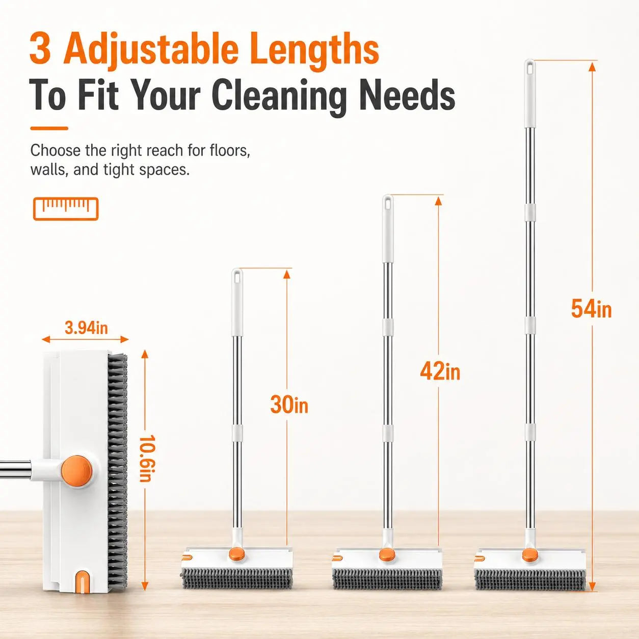 Snofrid 3-in-1 Heavy Duty Floor Scrub Brush with 54-Inch Adjustable Handle and Stiff Bristles for Versatile Cleaning of Showers, Bathrooms, Kitchens, Patios, Garages, Pools, Walls, and Decks - Orange and White