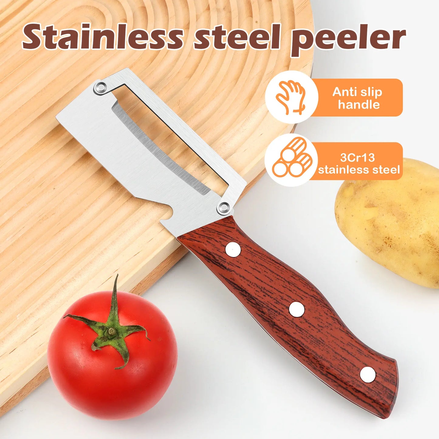 Stainless Steel Blade Vegetable and Fruit Peeler Set with Ergonomic Wooden Handles and Integrated Bottle Opener