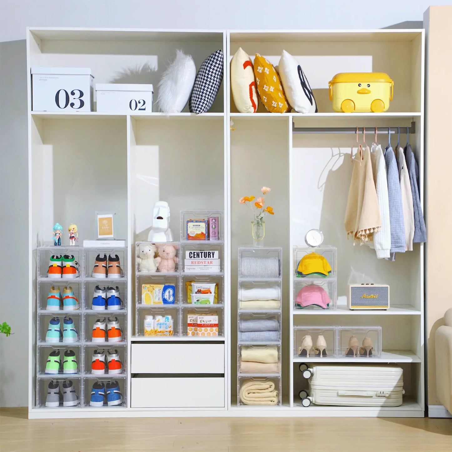 Stackable Clear Plastic Shoe Boxes, Magnetic Door Design - Shoe Rack & Storage Organizer